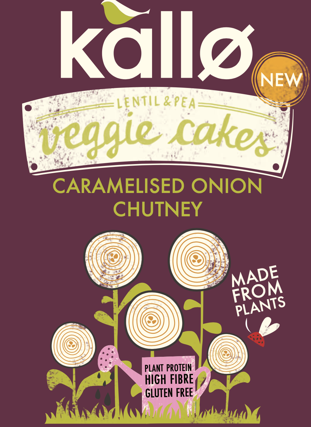 Packaging for Kallo Veggie Cakes, Lentil & Pea flavor, Caramelized Onion Chutney variety, with illustrations of onion rings and a pink watering can, emphasizing that it's made from plants, high in fiber, protein, and gluten-free.