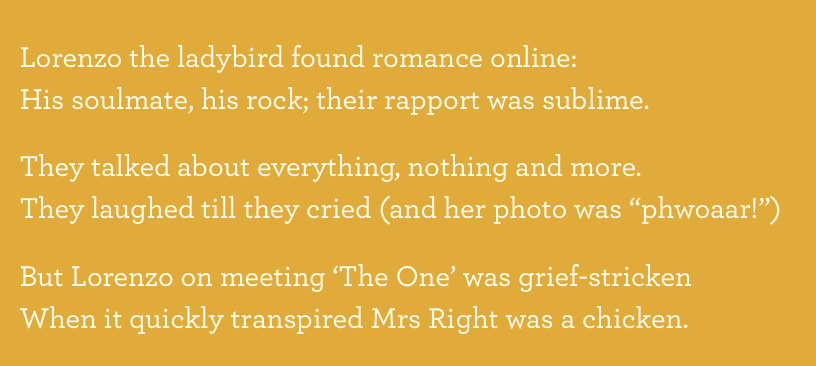 This is a text excerpt with a yellow background containing a poetic story about Lorenzo the ladybird, his soulmate, and a humorous incident involving Mrs. Right transforming into a chicken.