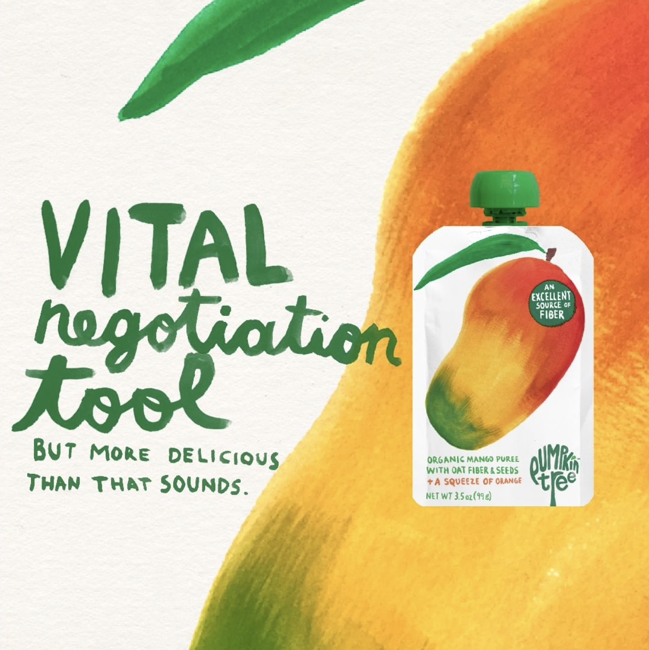 Carton of organic mango puree with oat fiber and seeds featuring a mango illustration, positioned against a tropical fruit background