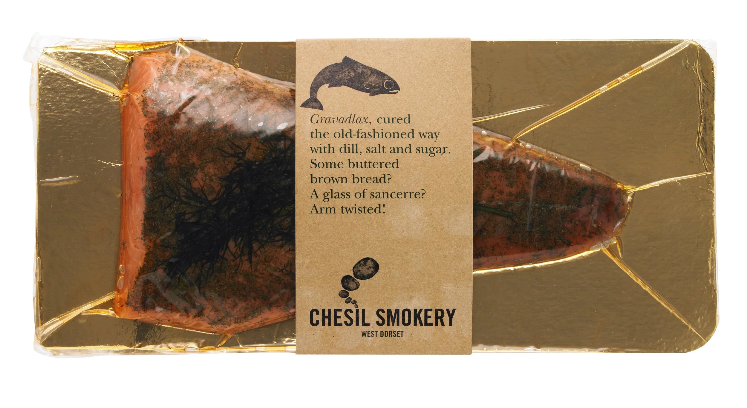 Package of smoked fish with a label featuring a fish illustration and a poem about gravadlax, from Chesil Smokery in West Dorset.