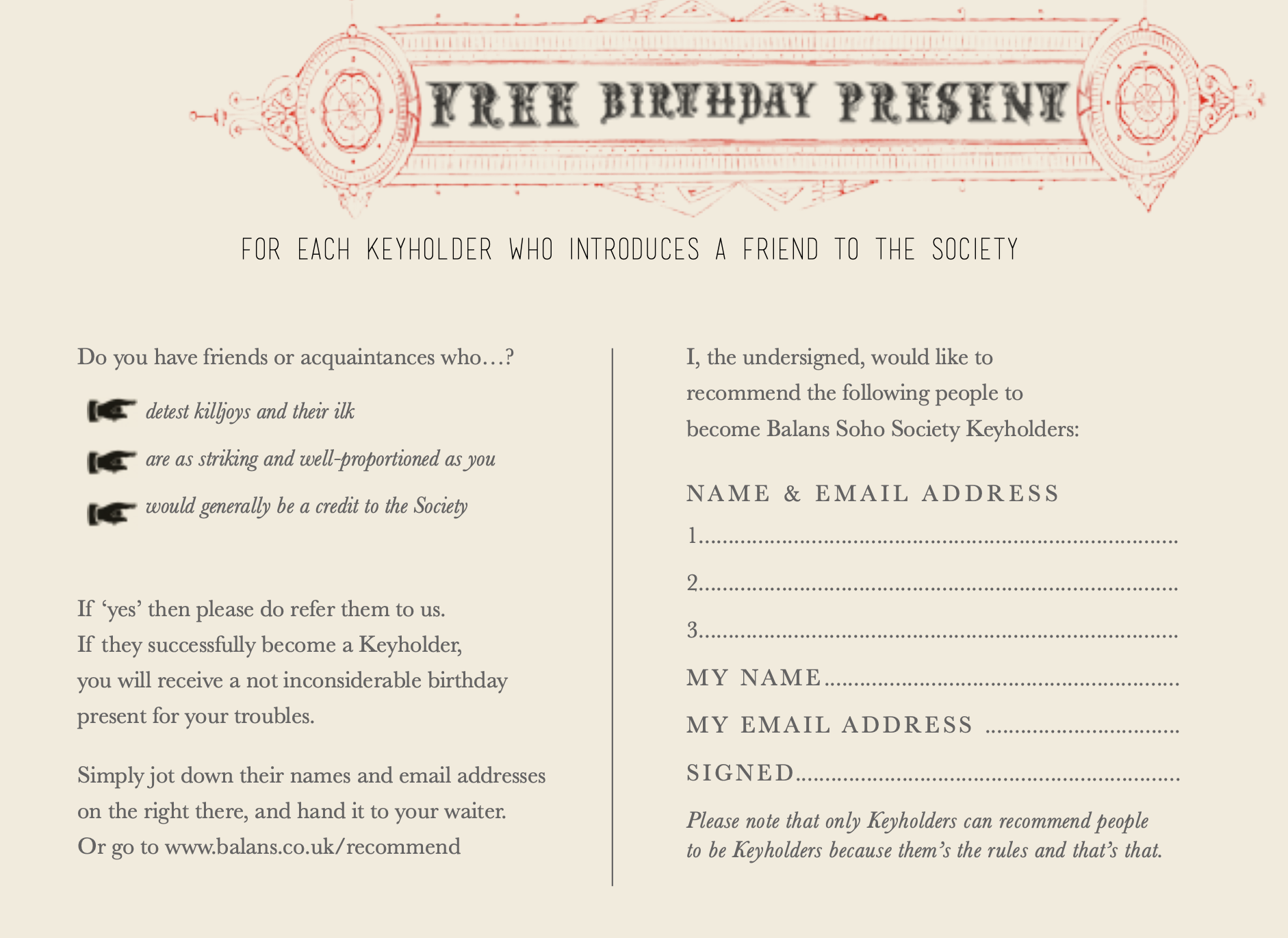 A vintage-style invitation or form titled 'Tree Birthday Present' with ornate border design. It invites keyholders to recommend friends to become Balans Soho Society Keyholders, with space for names and email addresses, and instructions to hand in or