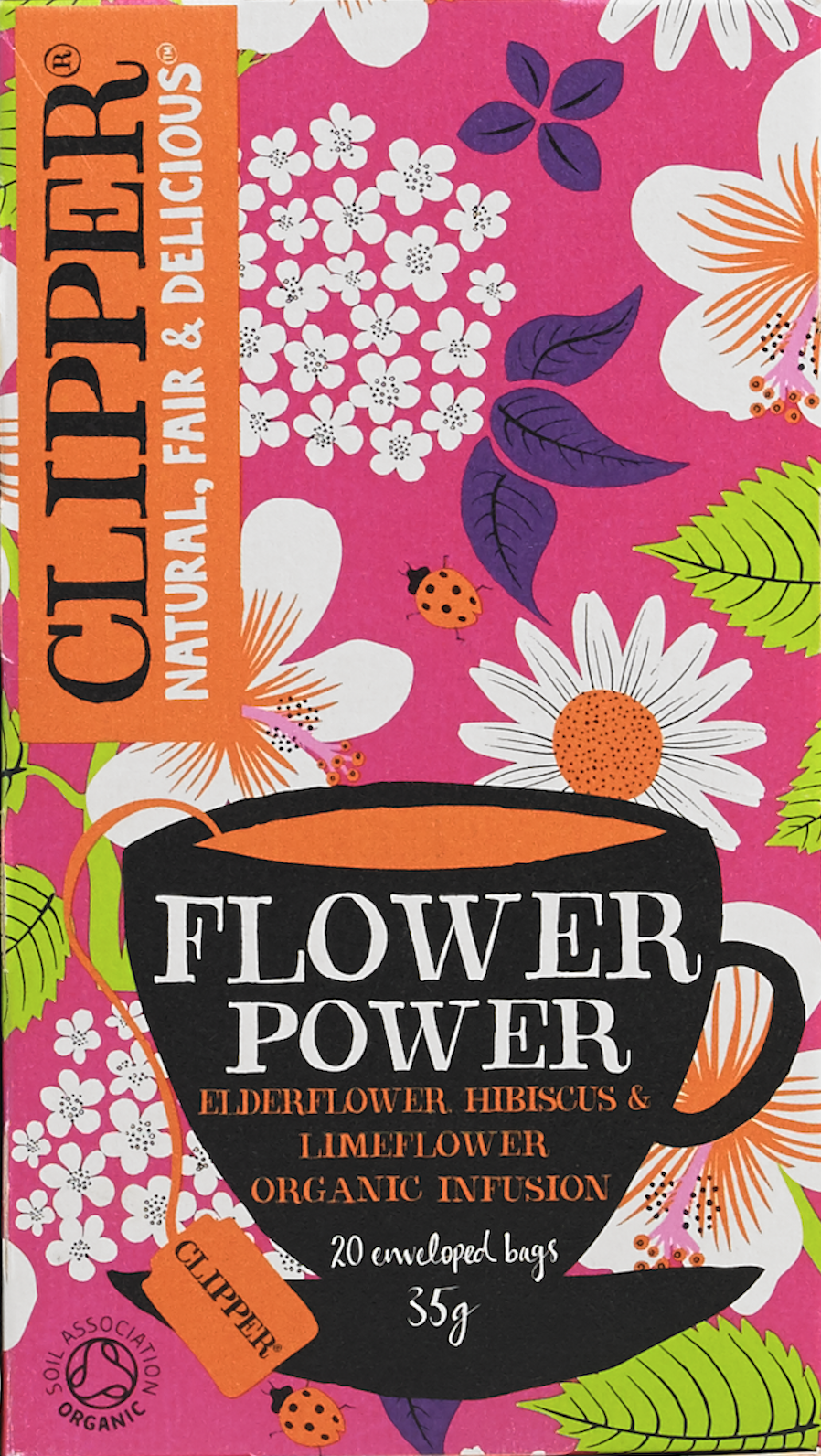 Packaging for Flower Power organic tea with pink background, featuring white daisies, purple and green leaves, a ladybug, and a black mug with the words 'Flower Power' in white and 'Elderflower, Hibiscus & Limeflower, Organic Infusion' in orange, hig