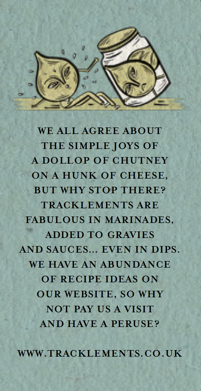 Illustration of a droplet with a face, holding a stick and appears to be sad, and a jar of chutney with a face, wrapped in cloth, looking downcast. Text promoting the website www.tracklements.co.uk about the joys of condiments and recipe ideas.