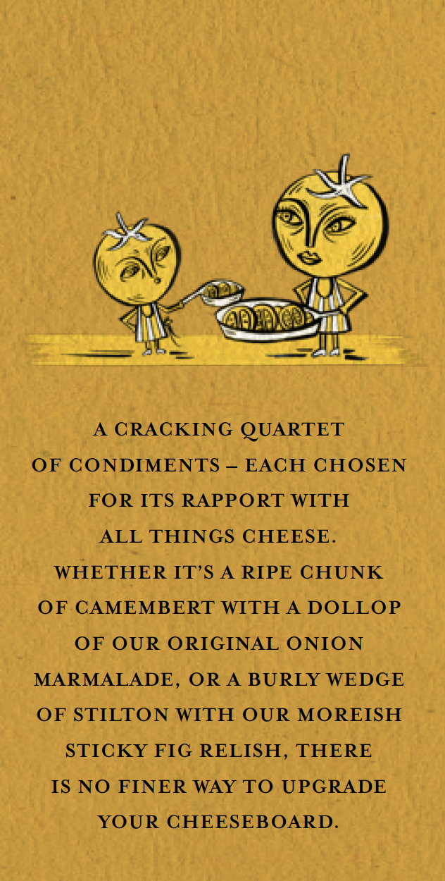 Illustration of two anthropomorphic yellow tomatoes with faces and arms, one offering a plate of tomato slices to the other. The background is textured yellow.