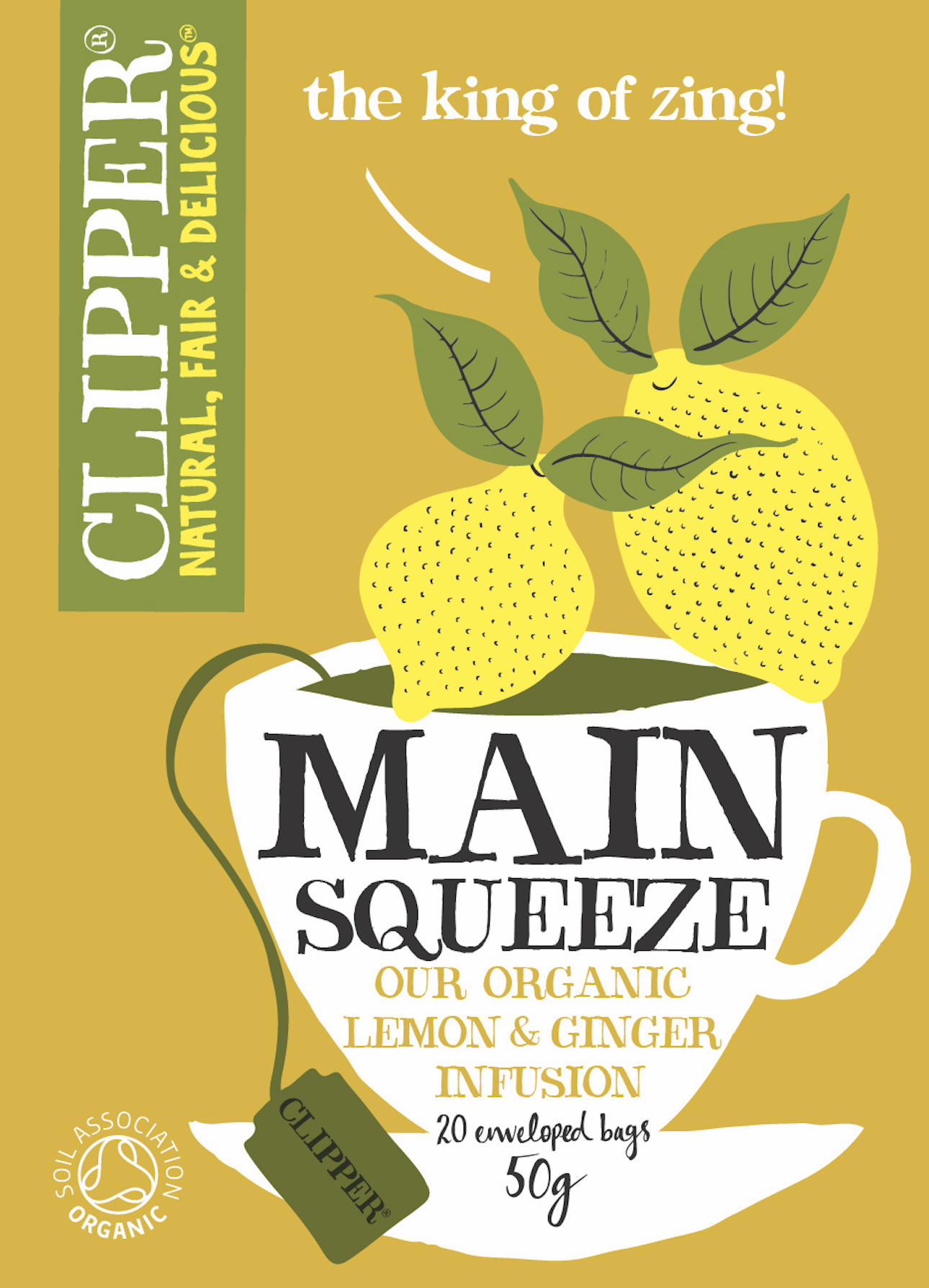 Packaging for Clipper Main Squeeze organic lemon and ginger infusion, featuring illustrations of lemons and tea cup with leaves and a tag that says 'Clipper'. Copywriting by Lee Anderson.