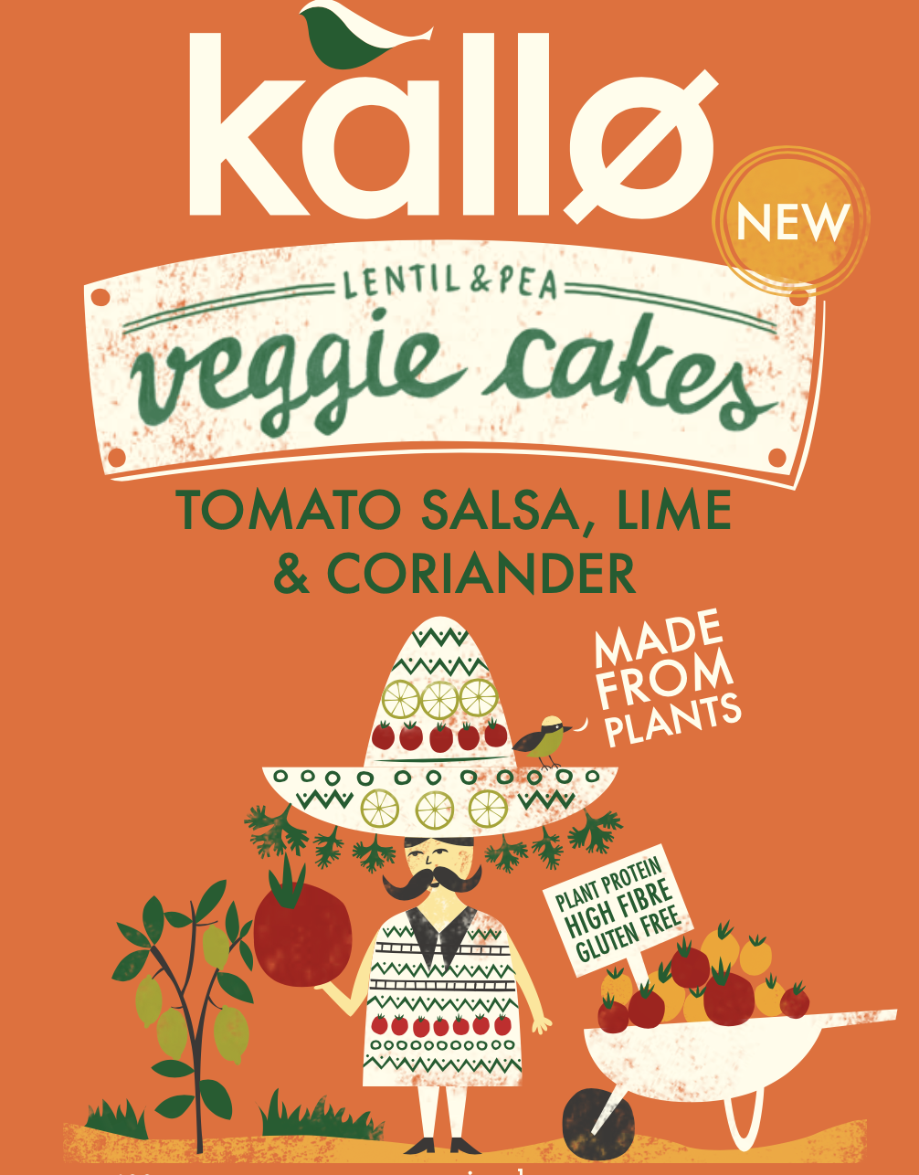 Package of Kallo Lentil & Pea Veggie Cakes with tomato salsa, lime, and coriander flavor, featuring colorful illustrations of a woman with a hat, tomato, and a wheelbarrow of vegetables on an orange background.