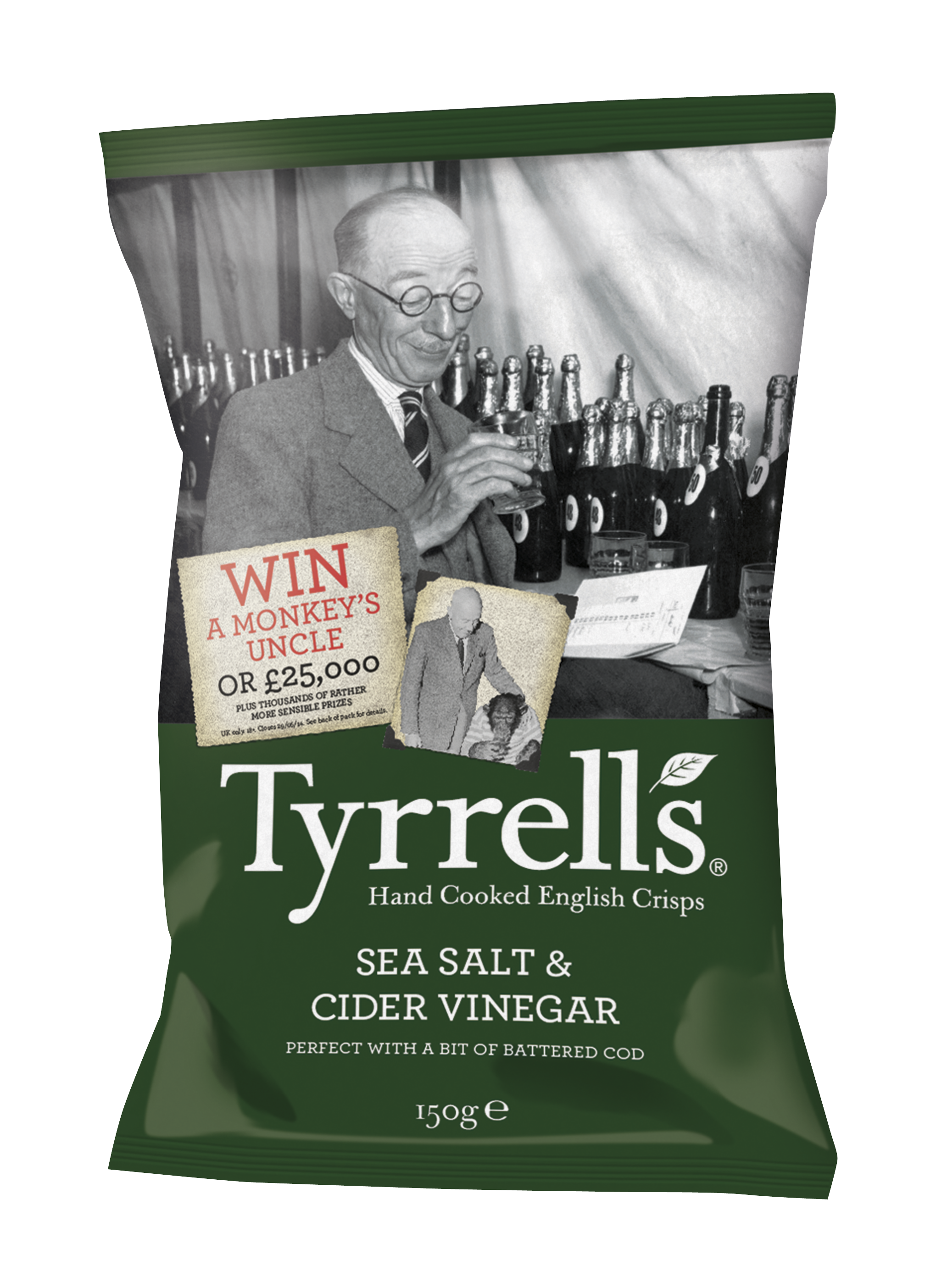 A bag of Tyrrell's hand-cooked English crisps flavor sea salt and cider vinegar with a vintage black and white photo of a man in a suit and glasses holding a drink, surrounded by bottles, with an advertisement about winning money in the background.