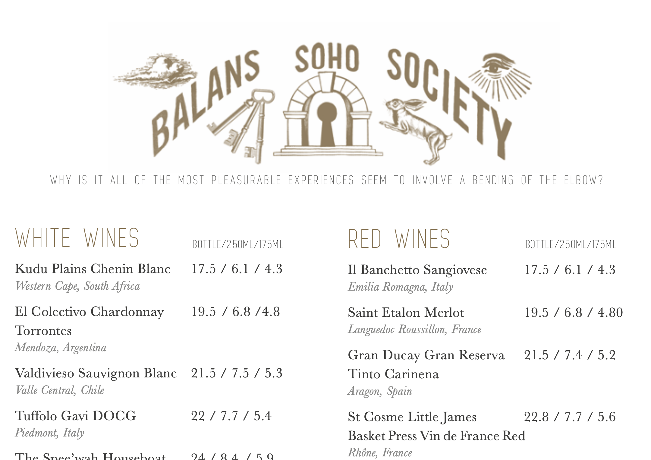 A wine list menu with sections for white and red wines, featuring names, origins, and prices in bottles of 250ml and 175ml.