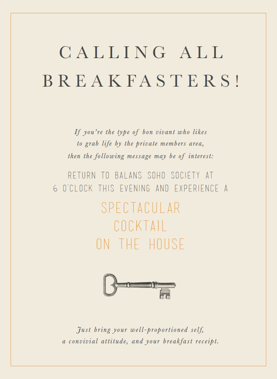 Vintage-style breakfast invitation with elegant text and a small illustration of an old-fashioned key.
