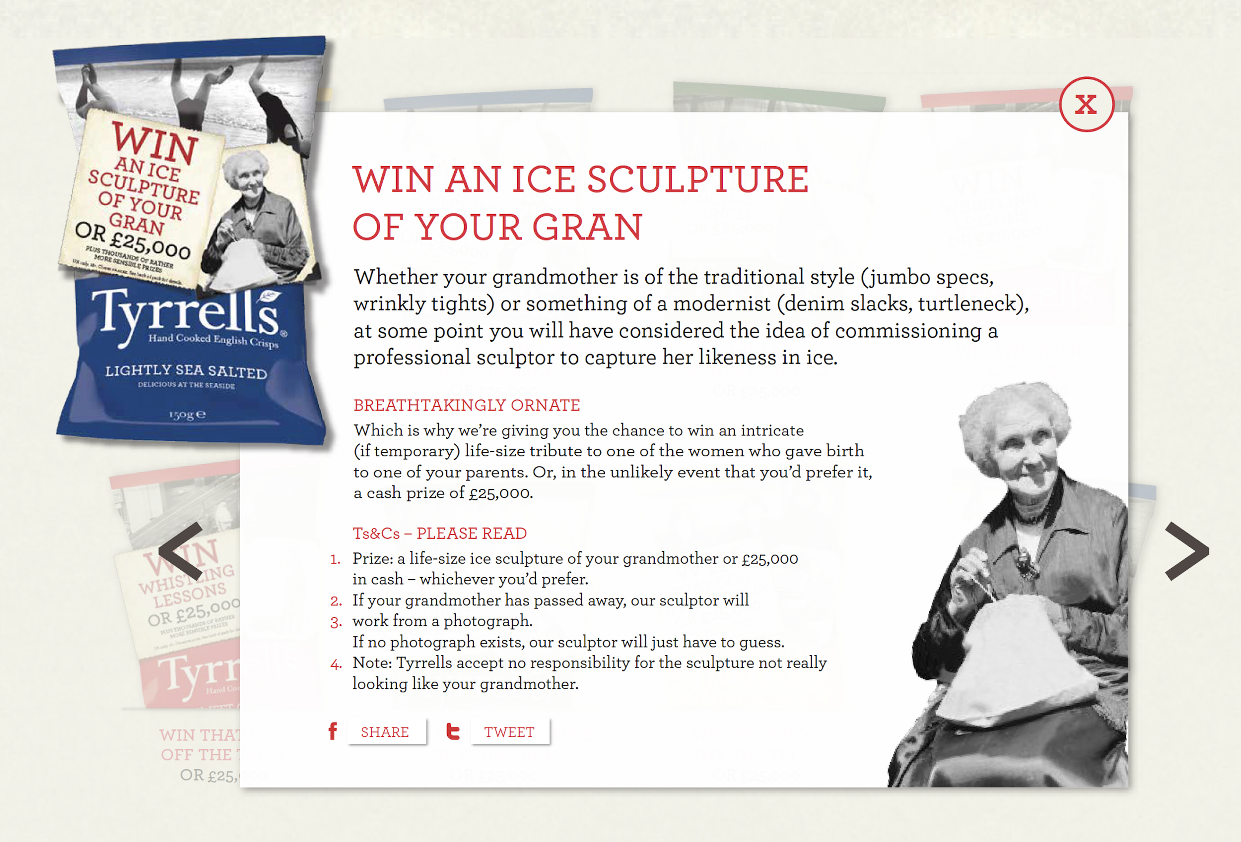 A promotional webpage for a contest to win an ice sculpture of your grandmother, featuring a black and white photo of an elderly woman with white curly hair, holding an ice sculpture. The page includes text details about the contest and a blue bag of