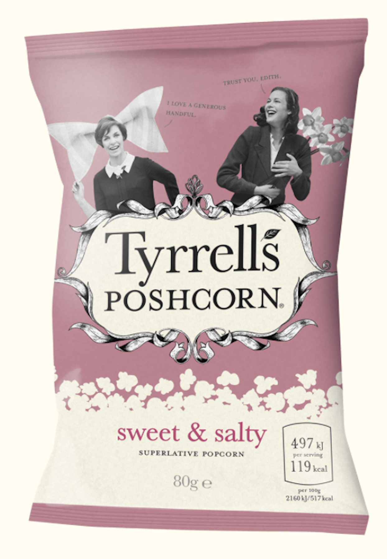 A pink bag of Tyrrells Poshcorn sweet and salty flavored popcorn with vintage-style black and white images of two women, one holding a butterfly-shaped umbrella and the other holding flowers, and speech bubbles with quotes.