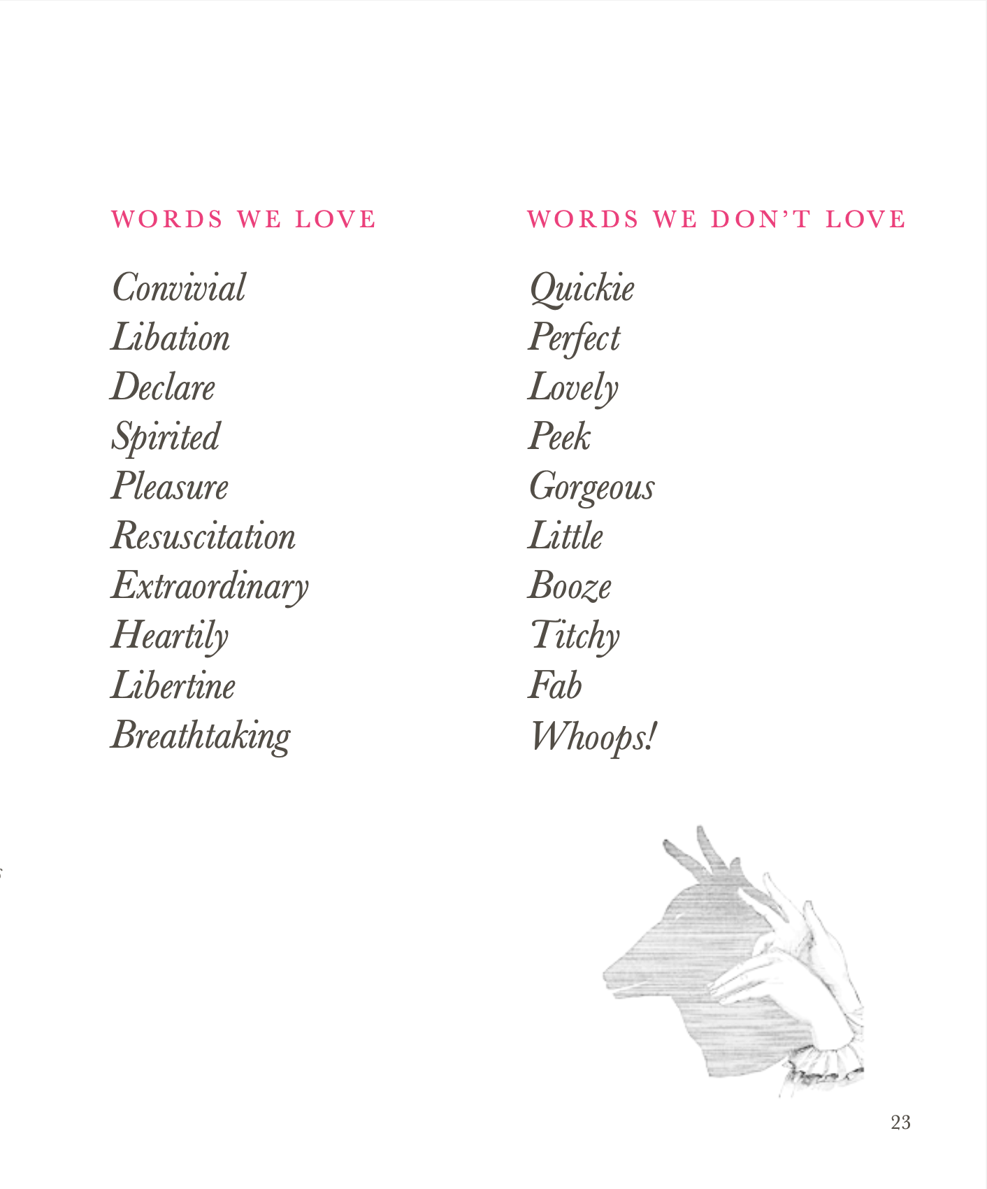 A table with two columns listing words we love and words we don't love. Words we love include 'Convivial,' 'Libation,' 'Declare,' 'Spirited,' 'Pleasure,' 'Resuscitation,' 'Extraordinary,' 'Heartily,' 'Libertine,' 'Breathtaking.' Words we don't love i