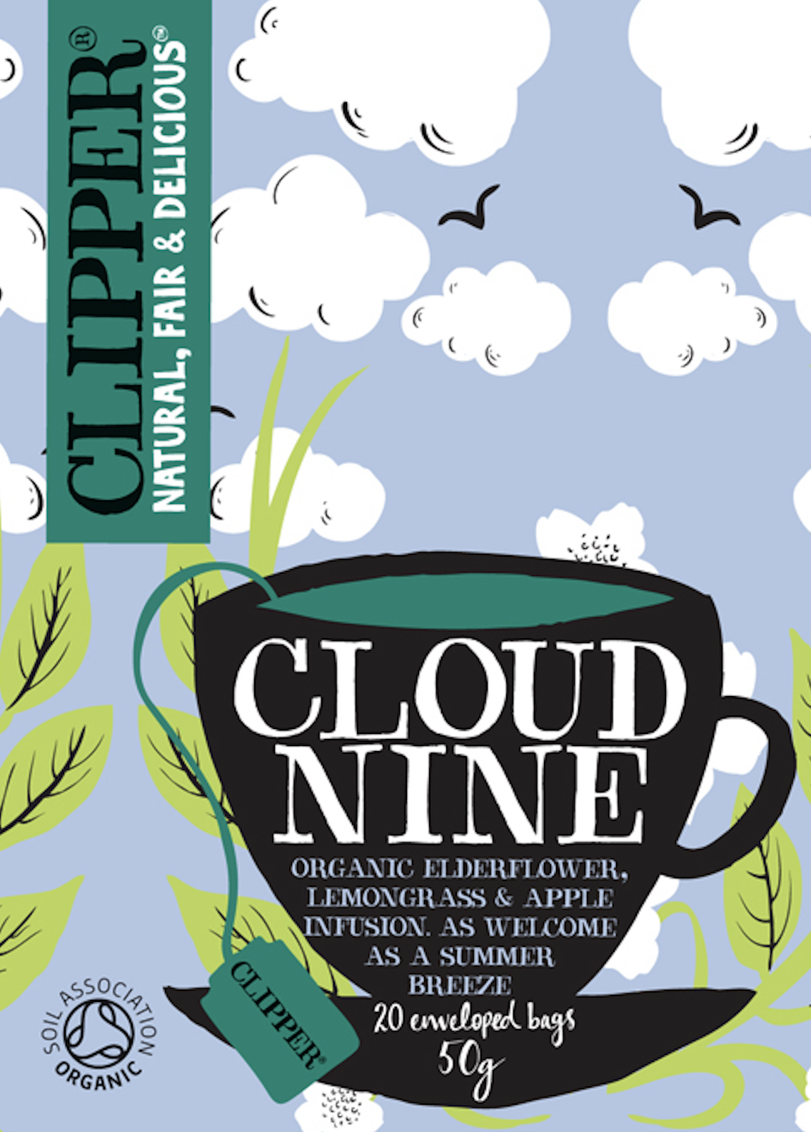 Package of Clipper Organic Elderflower, Lemongrass, and Apple tea by Cloud Nine with a blue background, white clouds, black birds, and green leaves. Copywriting by Lee Anderson.