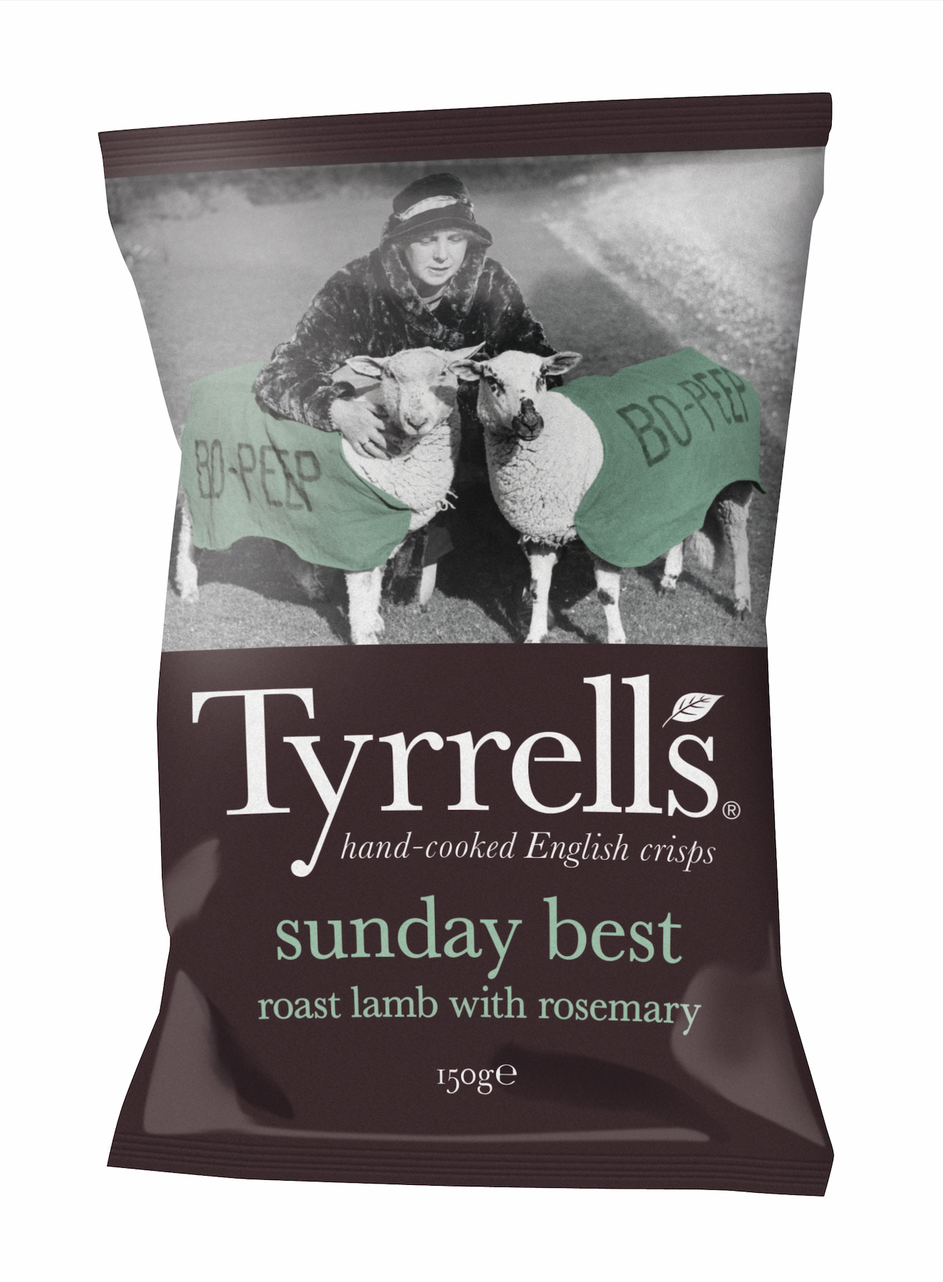 Packaging of Tyrrell's Sunday Best roast lamb with rosemary crisps, featuring a black-and-white photo of a person with two sheep dressed in green vests.
