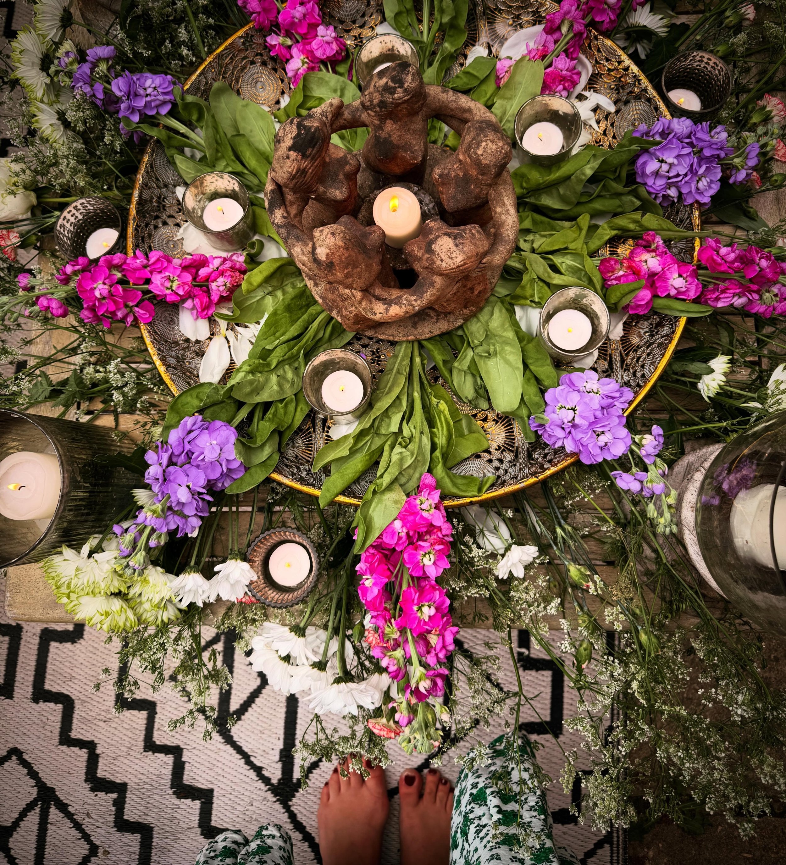 Circle last week. What potent, powerful magic. Warmed by the evening sun, gathered in my garden, around this altar of flowers, held by each other, by nature, by the earth, by circle. Beautiful, enormous, courageous hearts offering stories and truth w