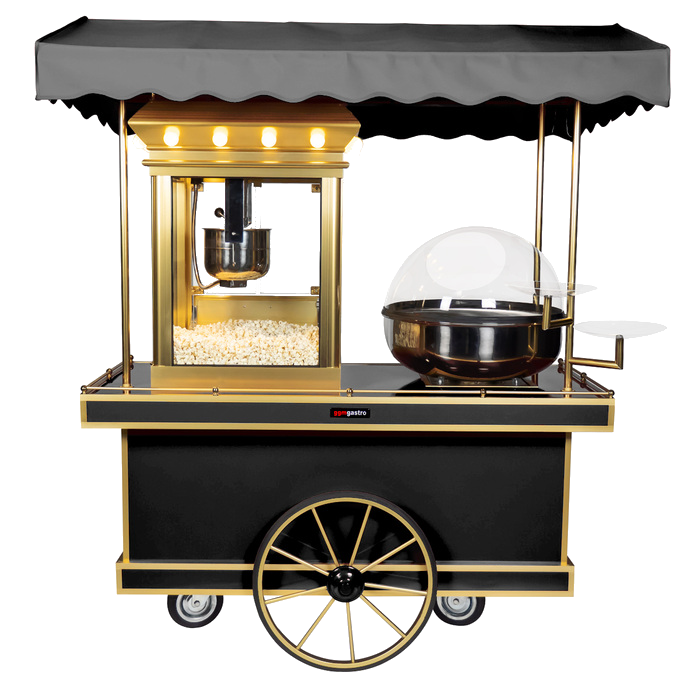 Mobiler Popcorn-Stand mit schwarzem Dach, Lampen und Popcornmaschine.