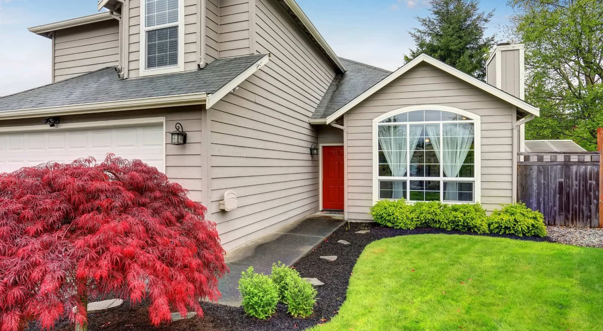 Front view of a modern house with gray siding, red front door, large window, landscaped garden, and red Japanese maple tree.