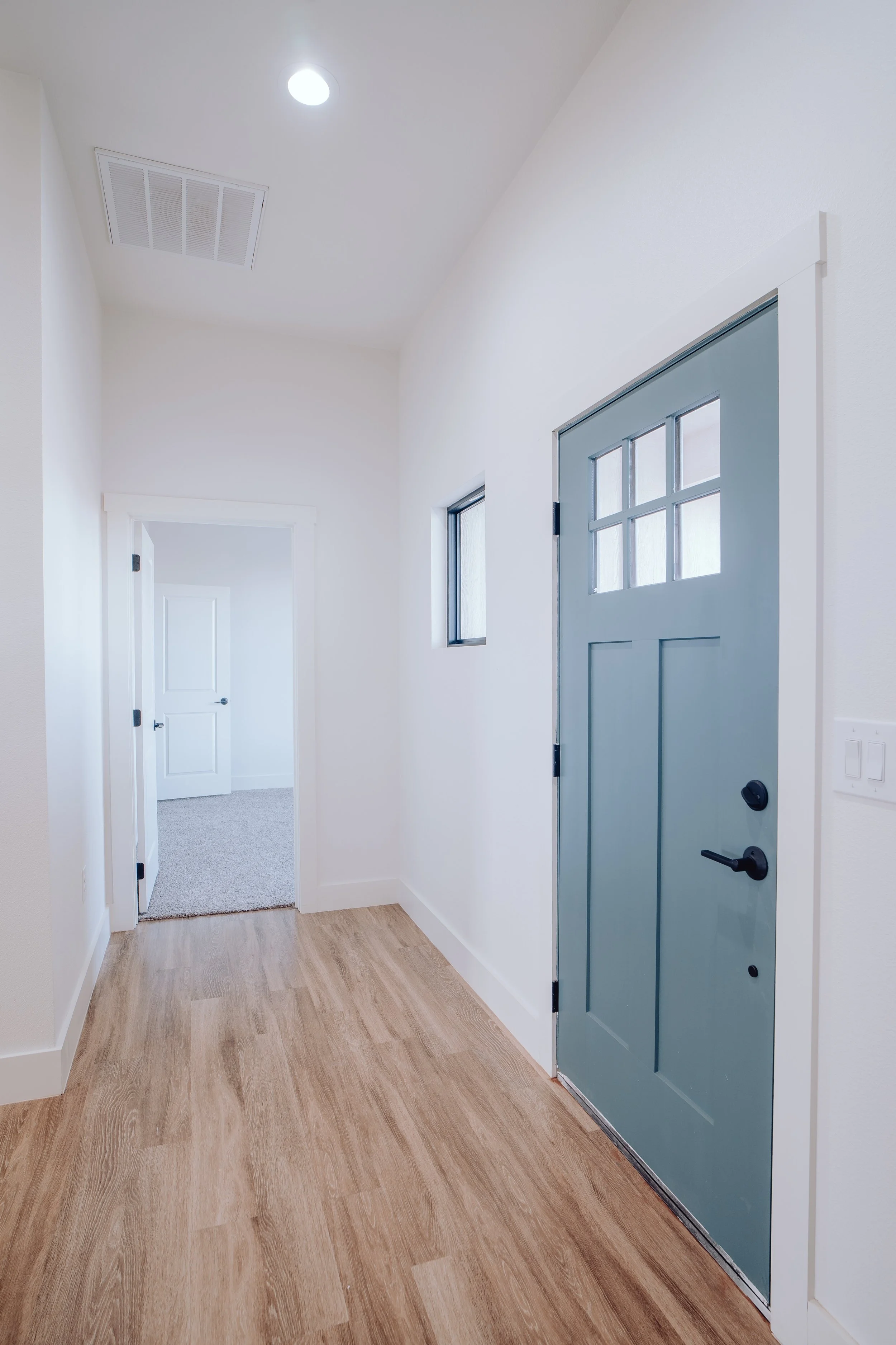 Modern hallway with light blue front door, wooden flooring, and white walls.