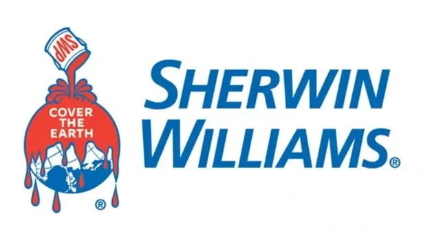 Sherwin Williams logo with a paint can pouring red paint that says 'Cover the Earth' and features mountain scenery.