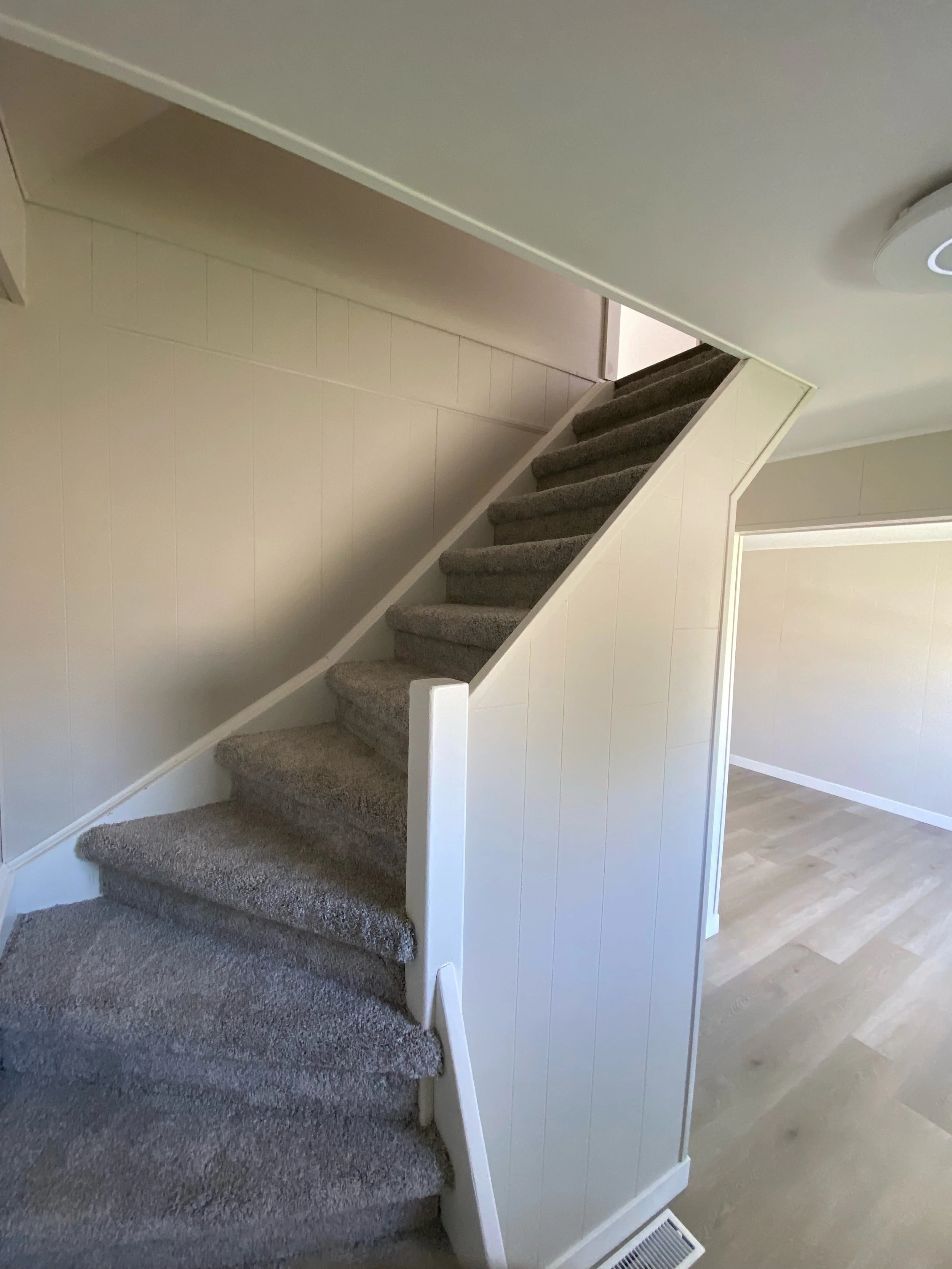 Indoor carpeted staircase with beige walls and wooden flooring at the bottom.
