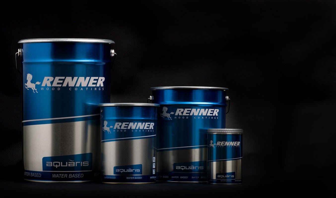 Renner wood coatings, Aquaris, water-based paint cans, blue and silver, multiple sizes.