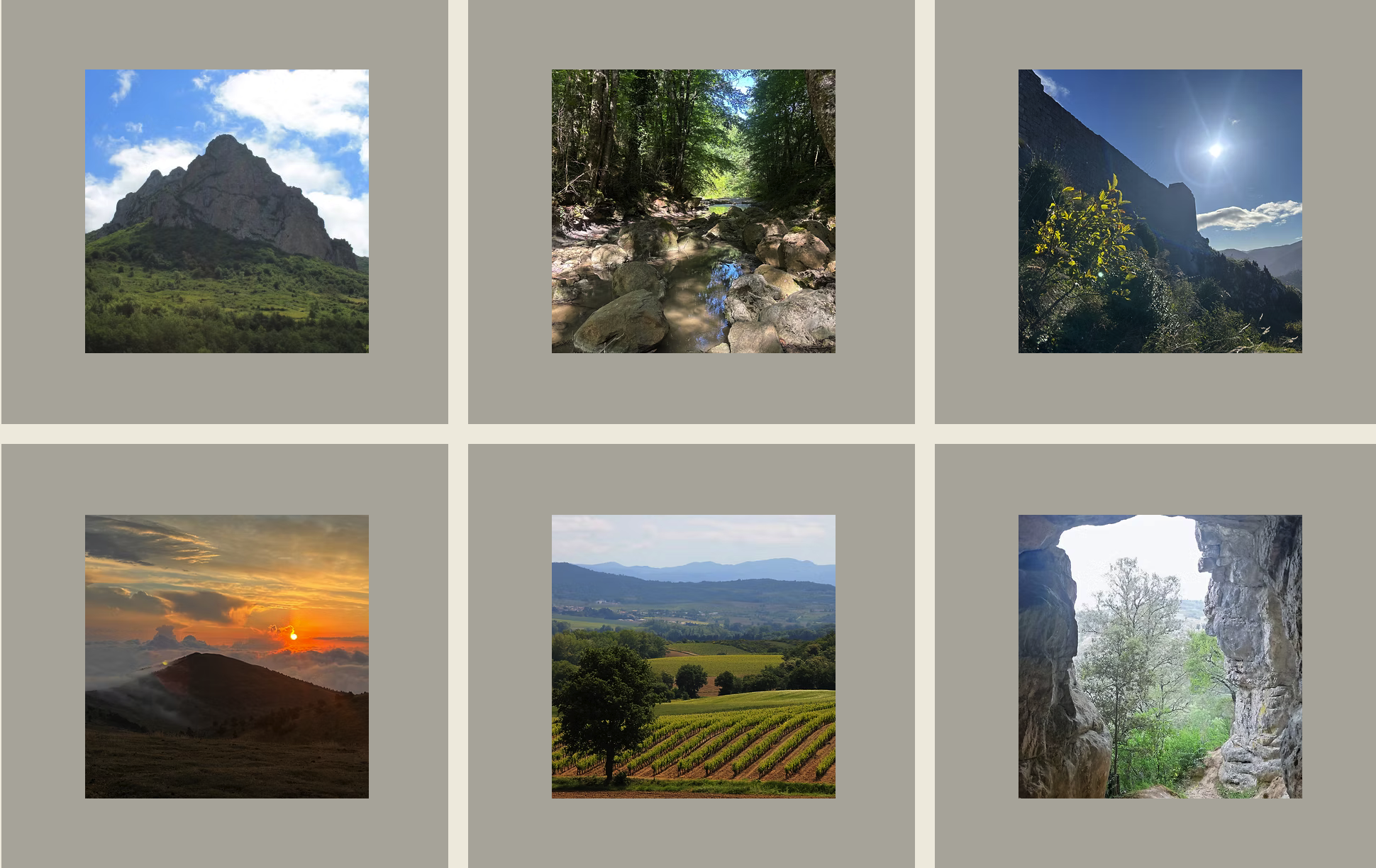 Collage of six landscape photos including mountains, a stream in the forest, a sunny mountain, a sunset over hills, vineyards with mountains in the background, and a rocky cave opening with trees outside.