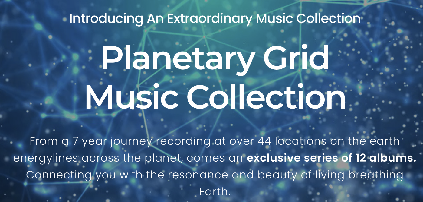Promotional image for 'Planetary Grid Music Collection,' an exclusive 12-album series recorded over 7 years at 44 global locations, featuring abstract blue and green network background, "DEYA DOVA'S" COURSES AND MUSIC - WILD SEADS COACHING'S FRIENDS.