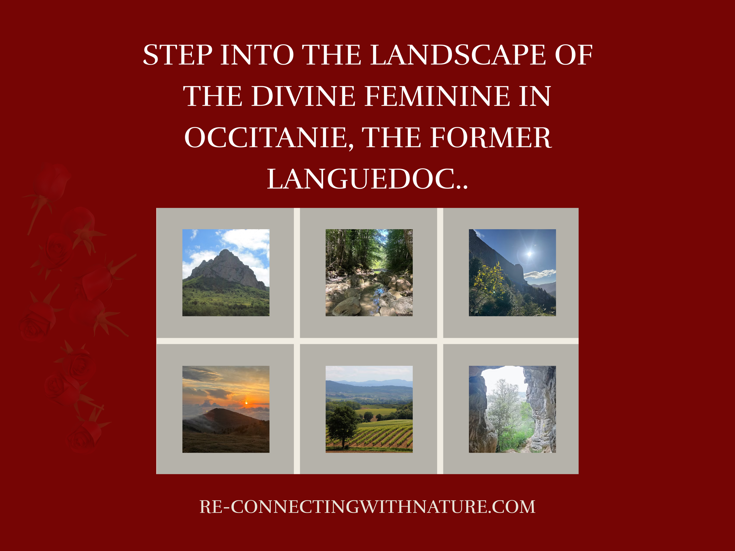 Event poster for 'Walking in the Footsteps of the Magdalene,' a 6-day walking tour in Occitanie, France, from August 13 to 18, 2026, with themes of reconnecting with nature and coaching.  SARAH SEADS AND REC-CONNECTING WITH NATURE.COM