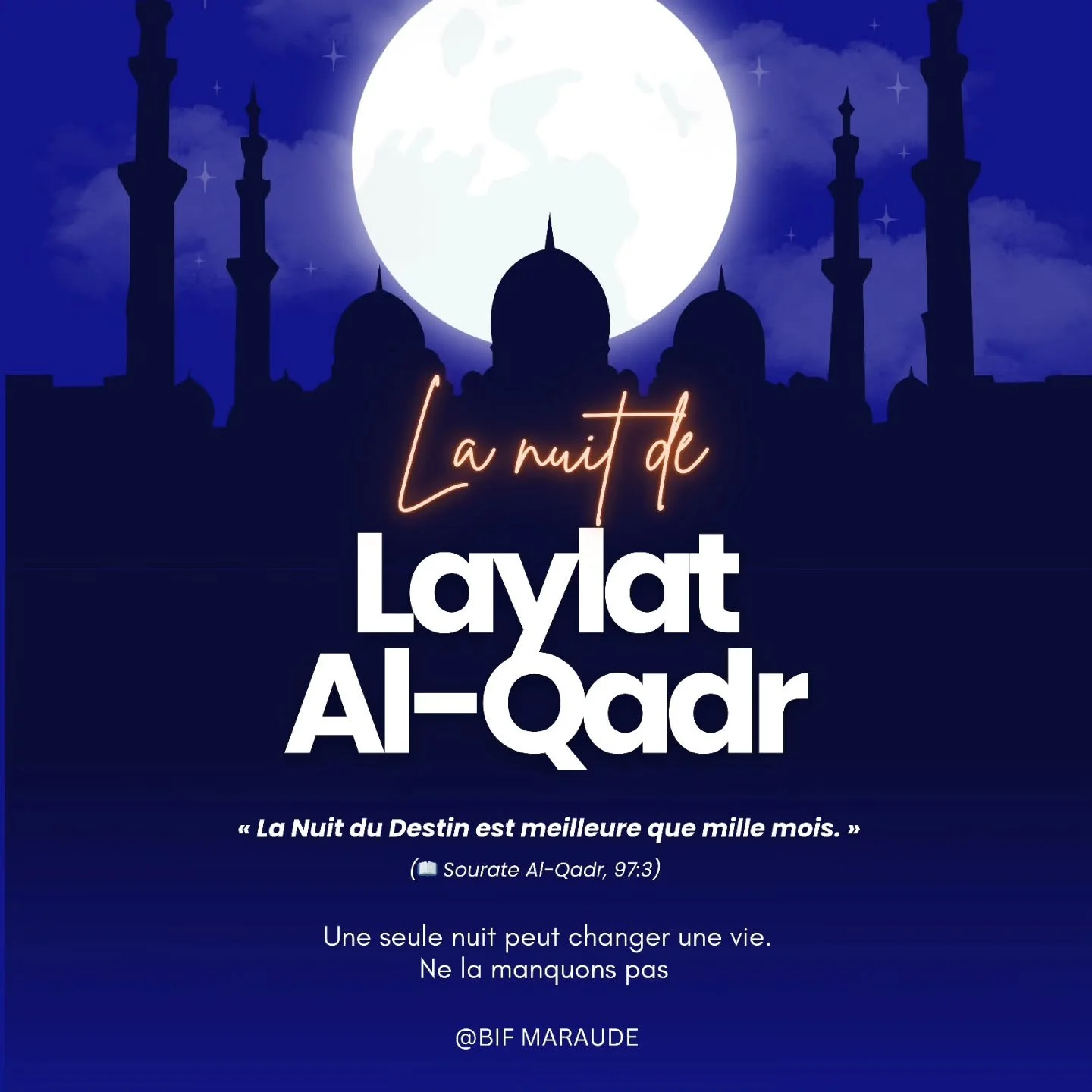 🤍 Une nuit meilleure que 1000 mois.

Laylatul Qadr est une nuit remplie de mis&eacute;ricorde, de pardon et de r&eacute;compenses immenses.
Une seule nuit peut valoir plus de 83 ans d&rsquo;adoration.

Profite de ces derni&egrave;res nuits pour te r