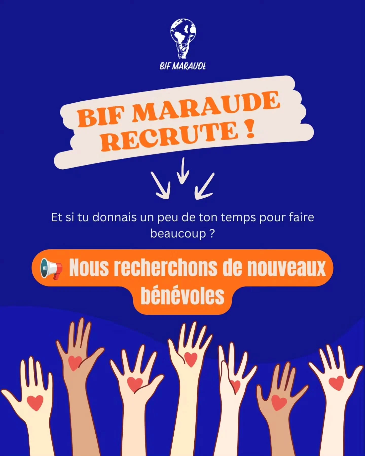 💙🧡 BIF MARAUDE RECRUTE !

Tu as envie de t&rsquo;investir dans une association et de participer &agrave; des actions solidaires ?
Maraudes, r&eacute;coltes, &eacute;v&eacute;nements, communication&hellip; il y a une place pour toi chez BIF !

Pas b