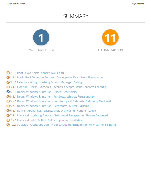 home inspection report summary page