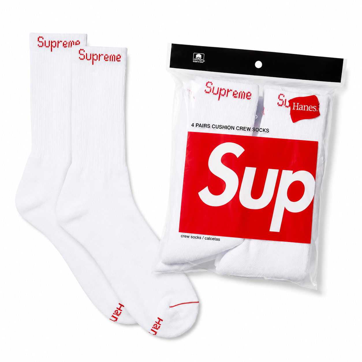 (White) Supreme®/Hanes® Crew Socks (4 Pack)