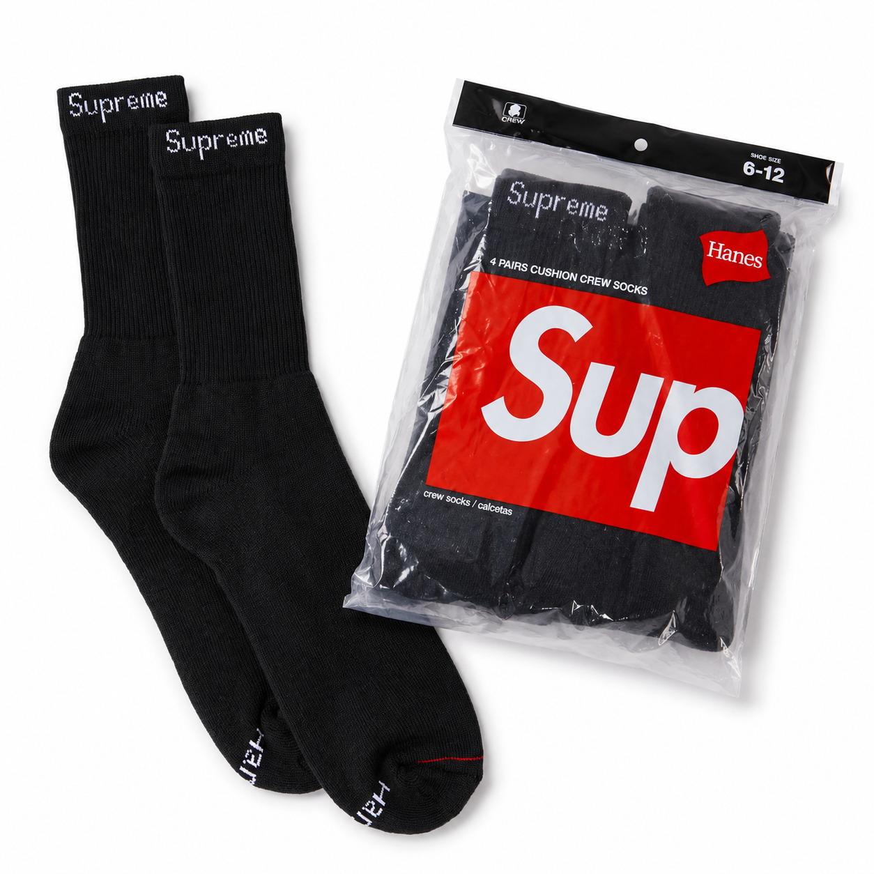 (Black) Supreme®/Hanes® Crew Socks (4 Pack)