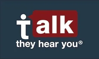 Talk — they hear you registered mark logo in white and red on top of a navy blue background.