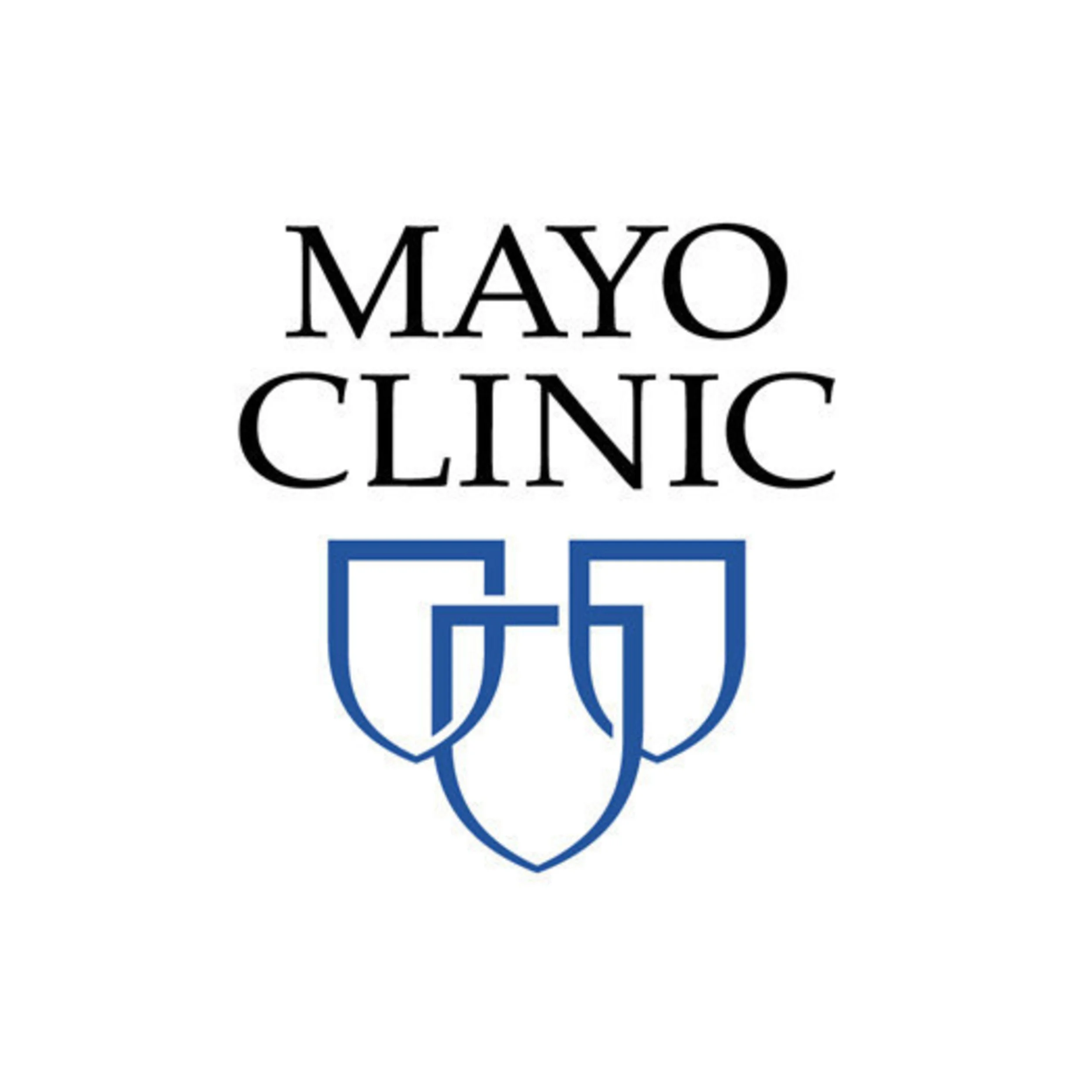 Mayo Clinic logo in black font at the top with three blue shield logomark underneath.