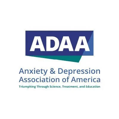 ADAA logo in white on a blue background. Words underneath reads "Anxiety and Depression Association of America"
