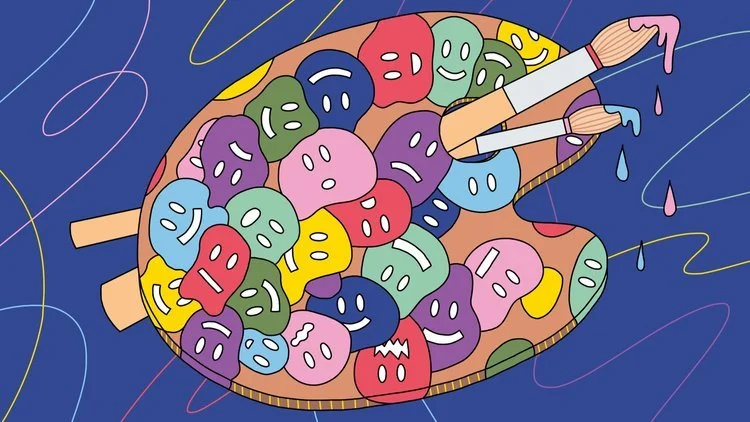 A colorful illustration of a painter's wheel with happy and sad smiley faces on the paint colors.