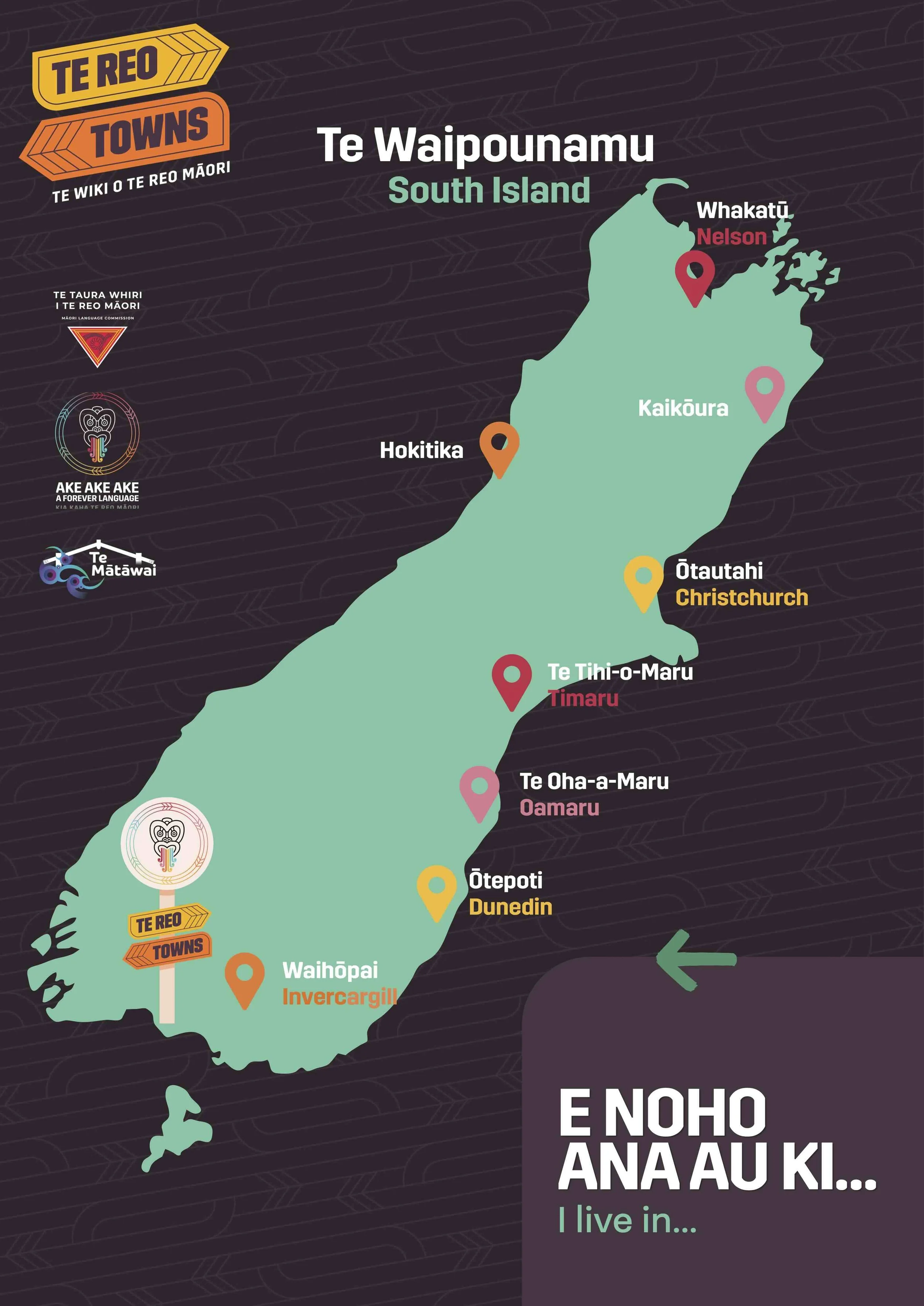 Map of Aotearoa New Zealand South Island with Te Reo Town names