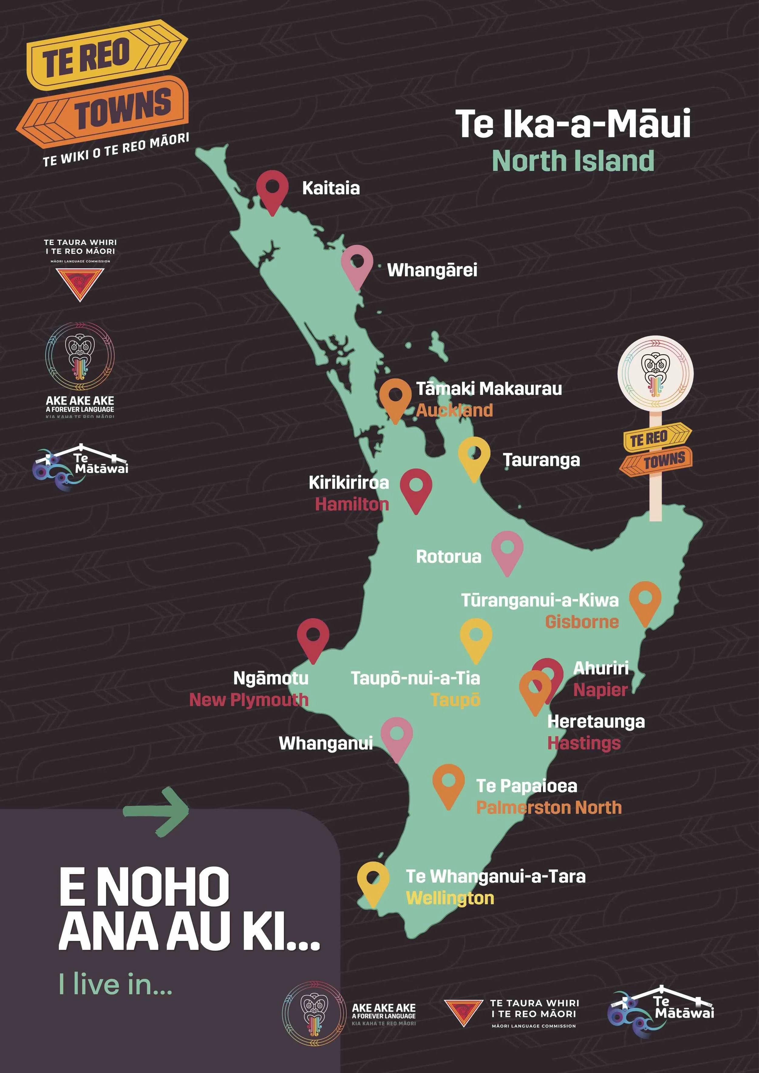 Map of Aotearoa New Zealand North Island with Te Reo Town names