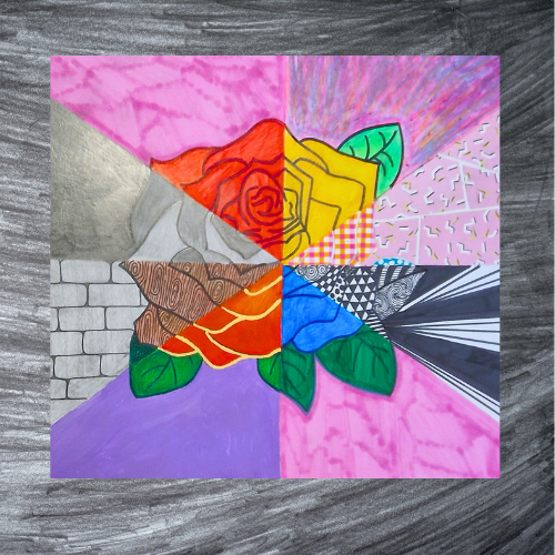 A colorful art piece featuring a rose with various patterned sections in different colors, including pink, yellow, orange, green, blue, black, and white, arranged in a circular pattern.