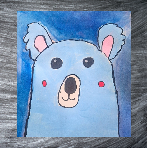Child's drawing of a blue bear with pink inside ears, black eyes, and a black nose, set against a blue background.