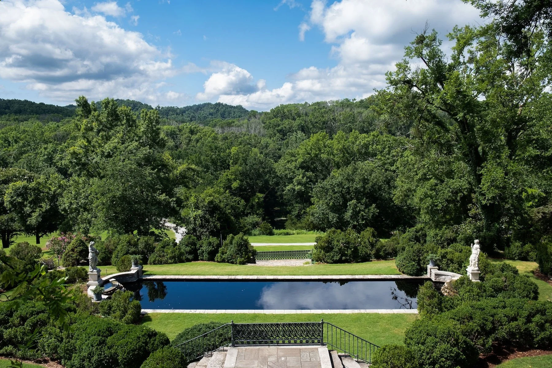 A beautiful reflecting pool in a garden in the summer.