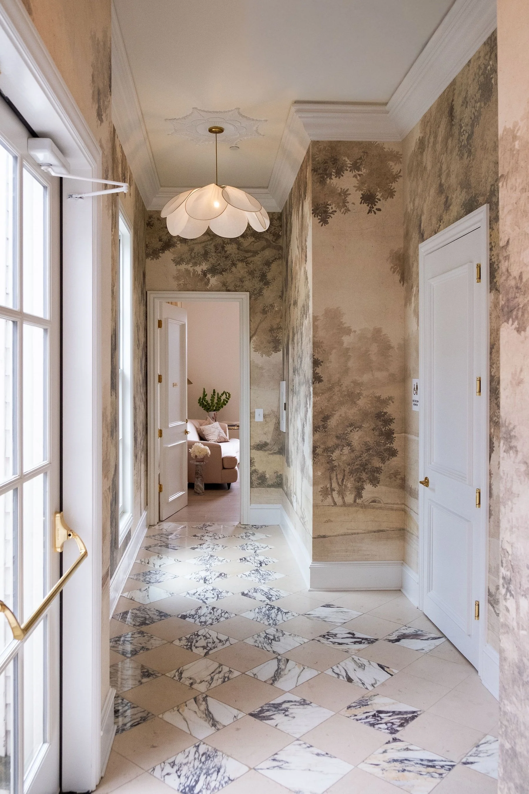 The hallway and bathrooms at The Sloane wedding venue in Nashville.