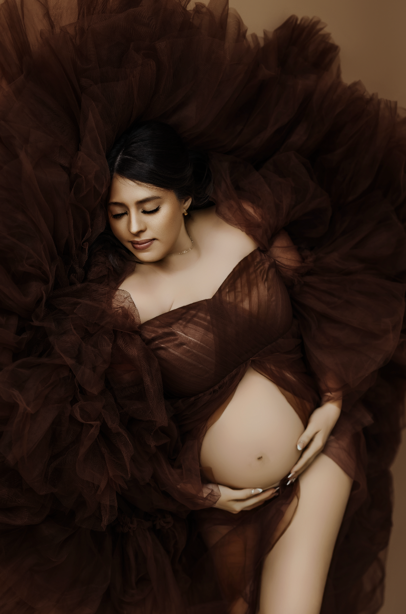 Pregnant woman in dramatic brown tulle gown cradling belly during fine art studio maternity session