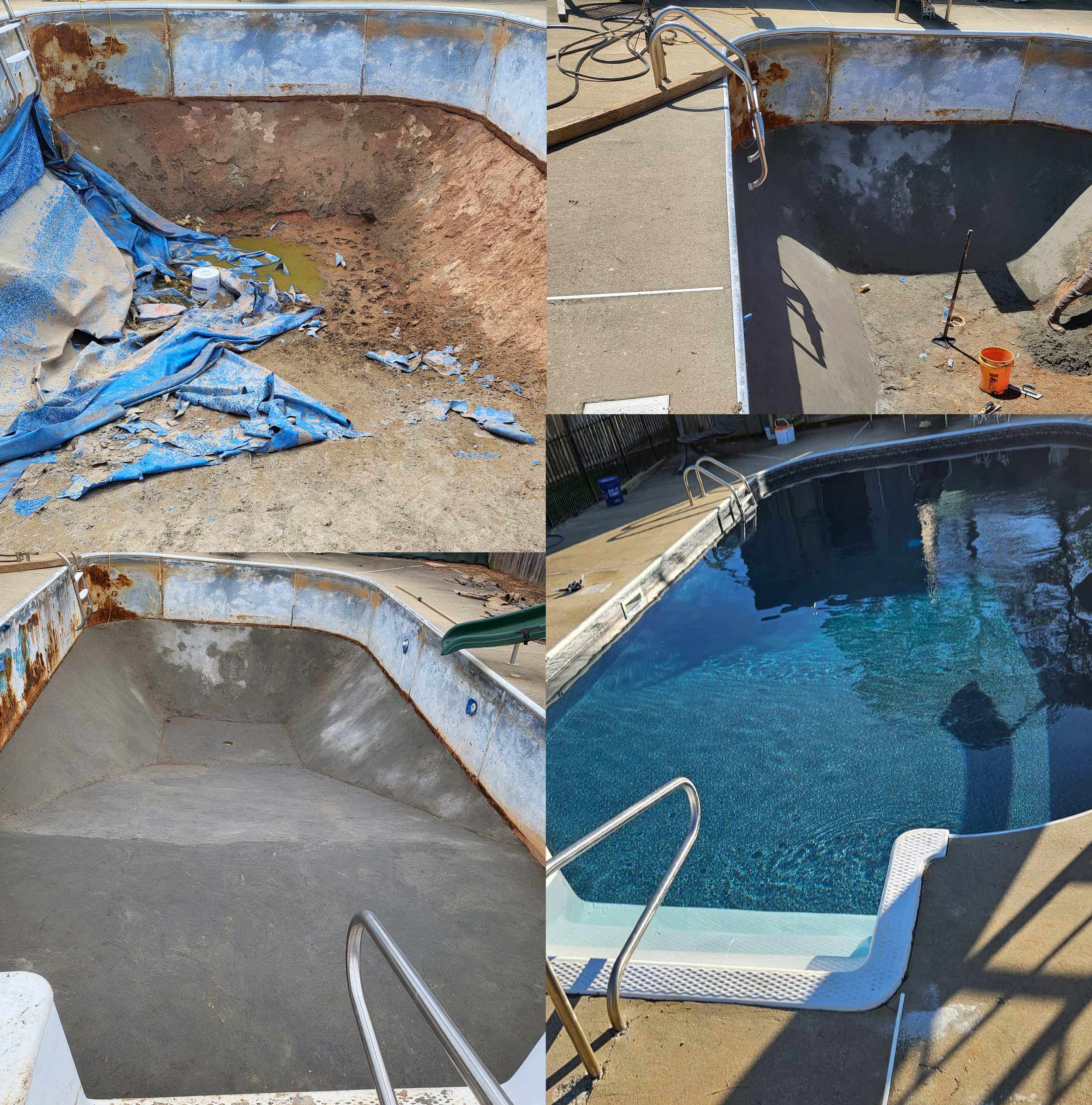 Sequence of images showing the renovation of a backyard swimming pool: initial empty rusted and peeling pool, partially cleaned and resurfaced pool, and finally filled with clear water.