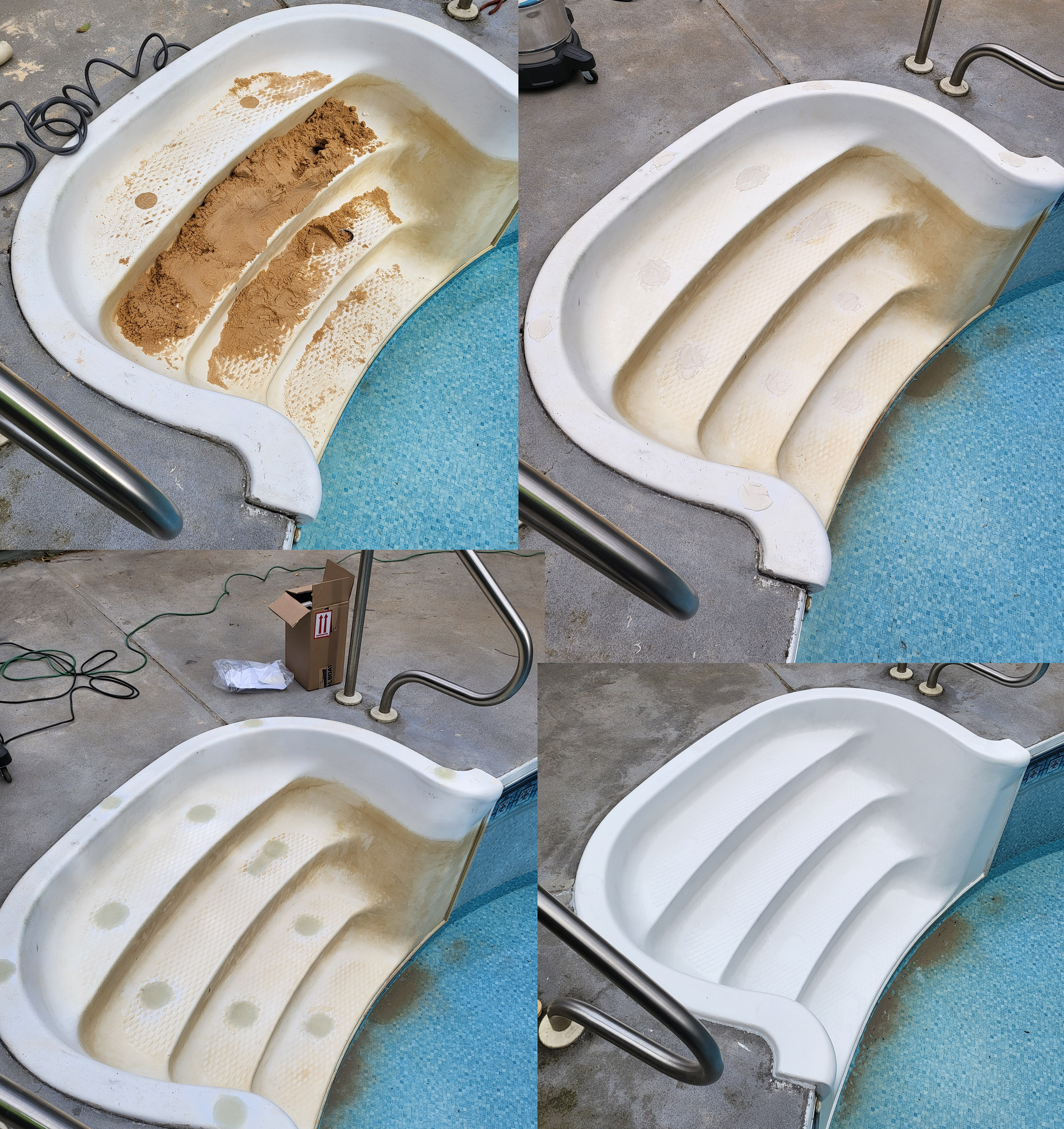 Sequence of images showing the process of cleaning a dirty, stained pool spa step by step to reveal a clean, white surface.