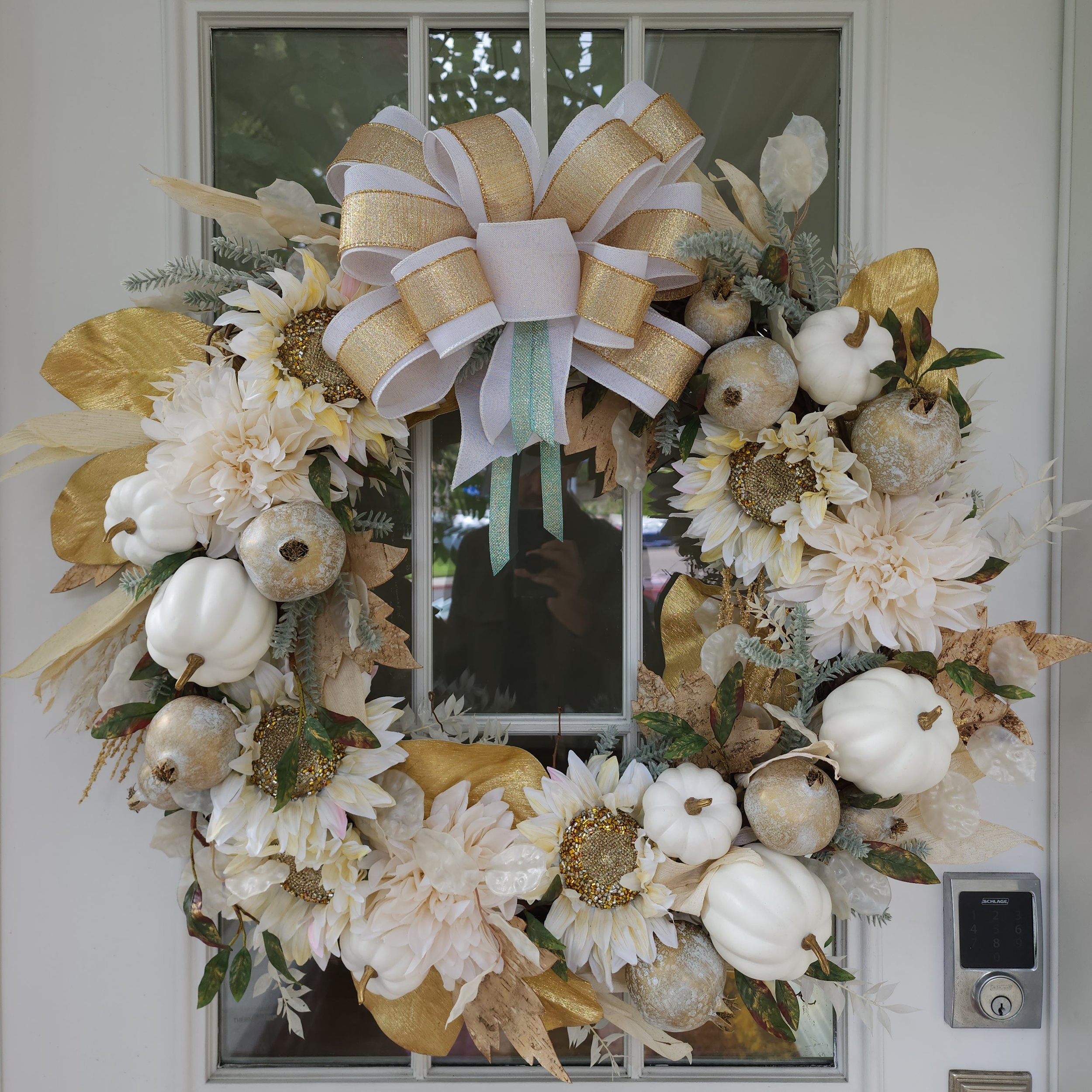 Fall Wreath, Pomegranate Wreath, Harvest Wreath, Pumpkin Wreath, Gold Wreath, White and Gold Wreath