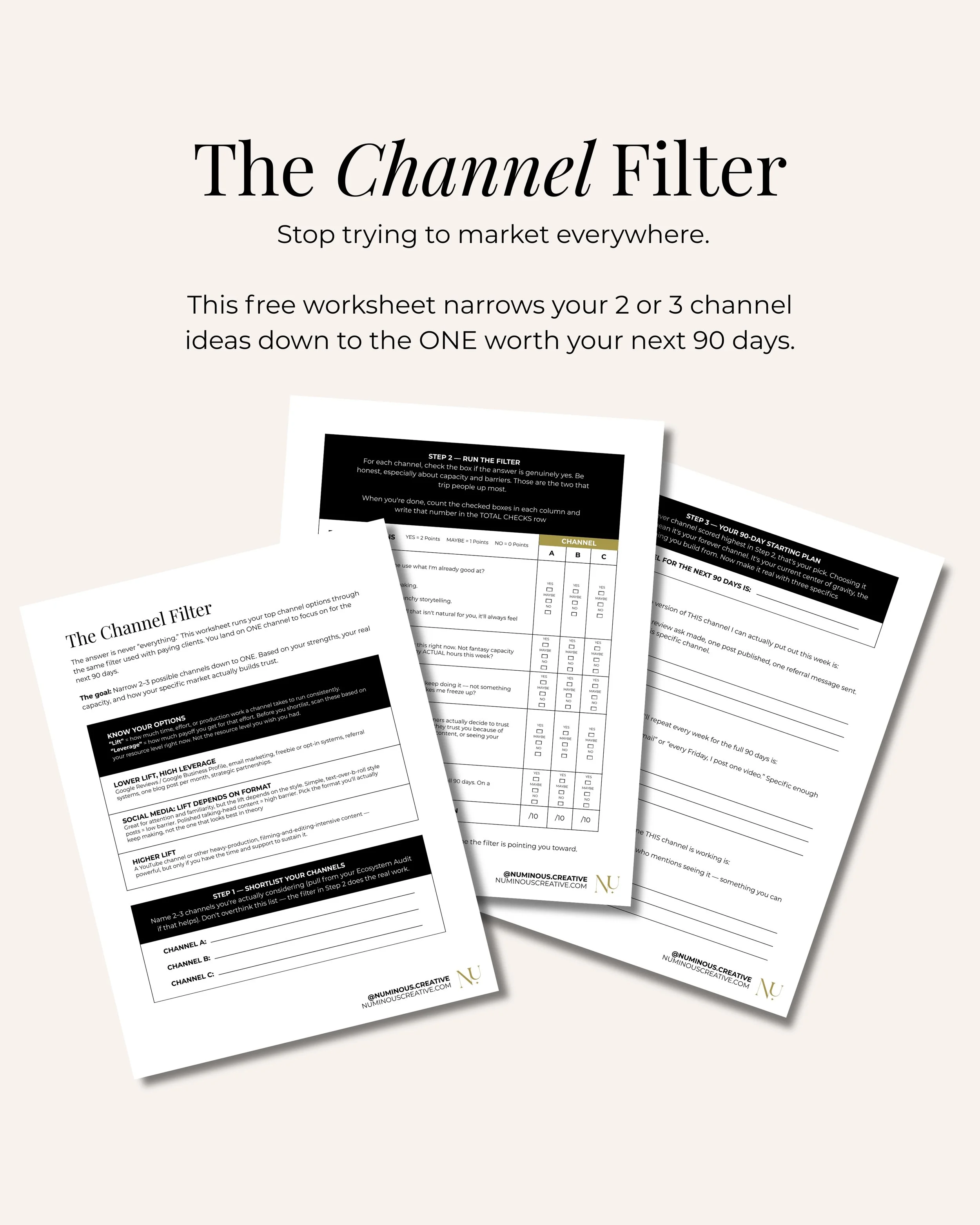 A collection of printed worksheets and templates titled 'The Channel Filter' with various instructions and checkboxes, arranged on a light-colored surface.