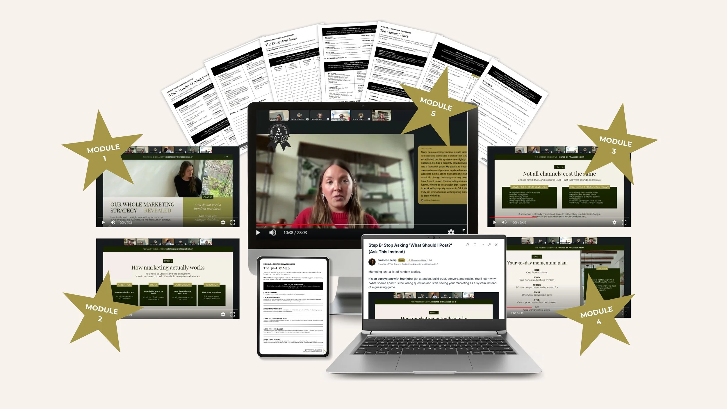 Collection of digital presentation slides, worksheets, and notes displayed on a laptop, tablet, and phone, with gold star overlays labeled with module numbers, showcasing an online marketing course or webinar.