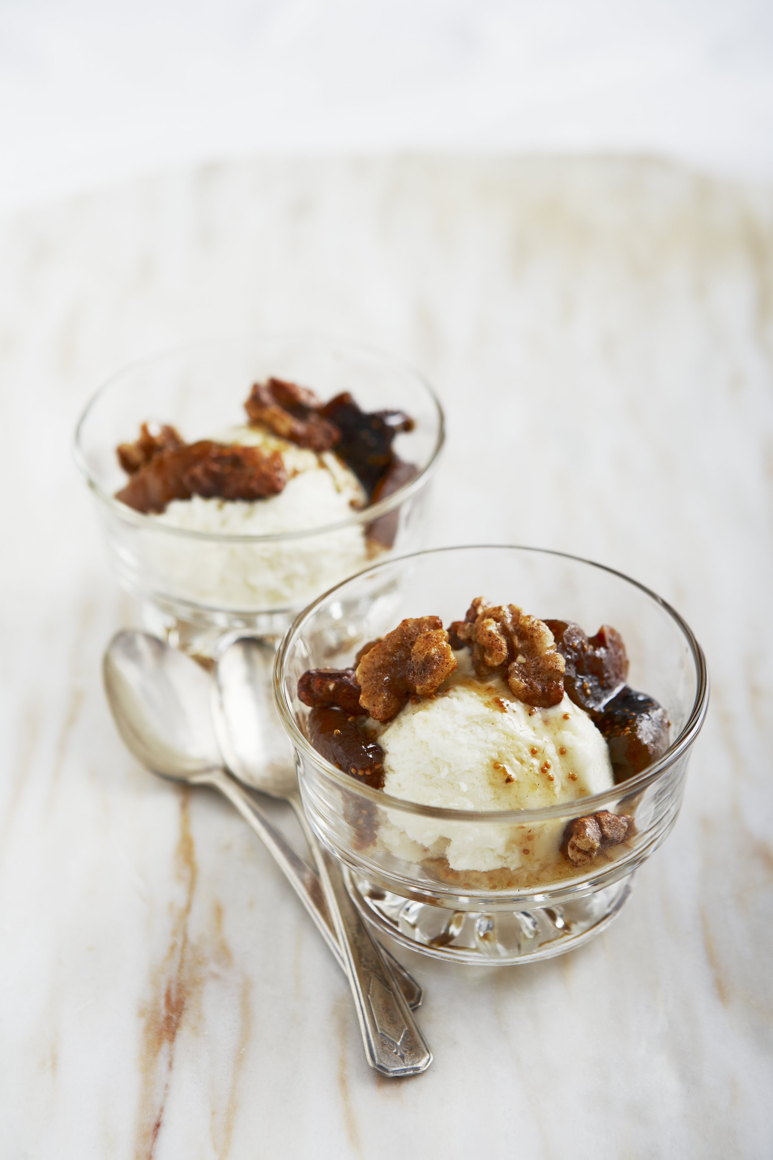 Frozen Yogurt and Sugared Walnuts with Figs